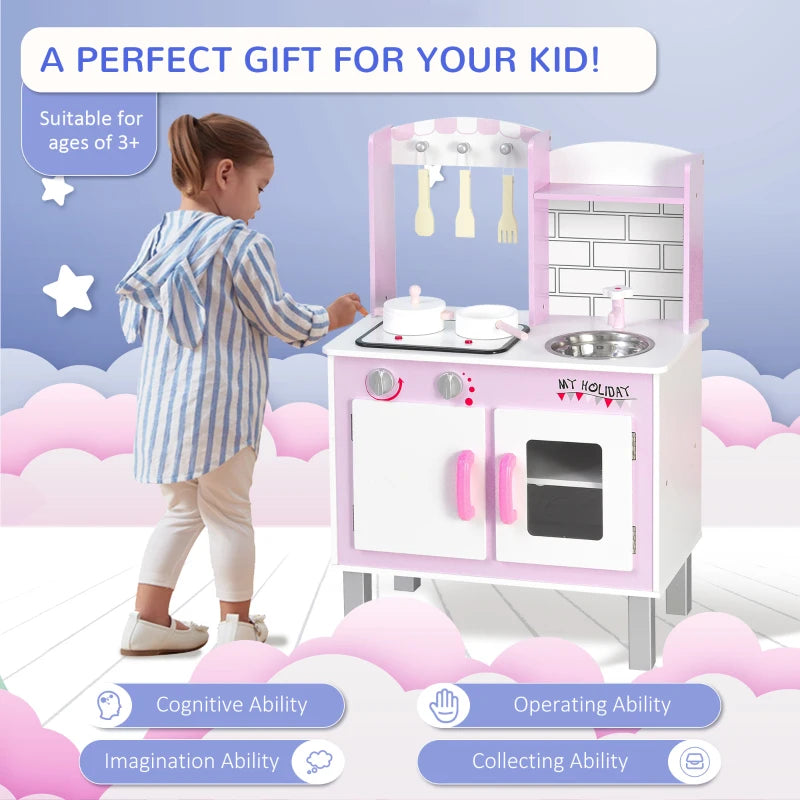 Kids Pink Pretend Kitchen Playset with Cooking Accessories