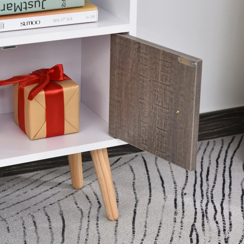 White Modern Multi-Shelf Bookcase with Cabinet - 6 Shelves, Wood Legs