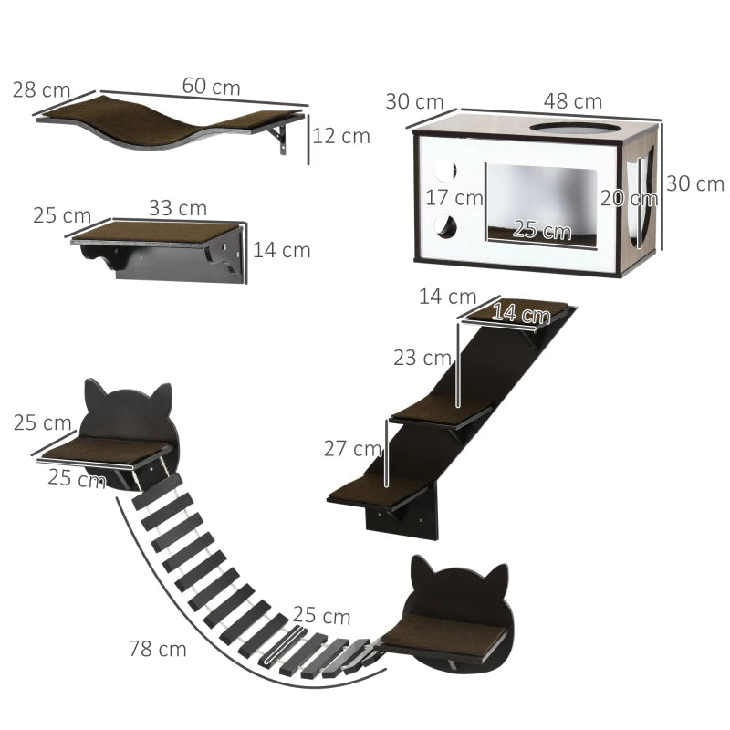 Brown Cat Wall Shelves Set - 5-Piece Wall-Mounted Cat Tree