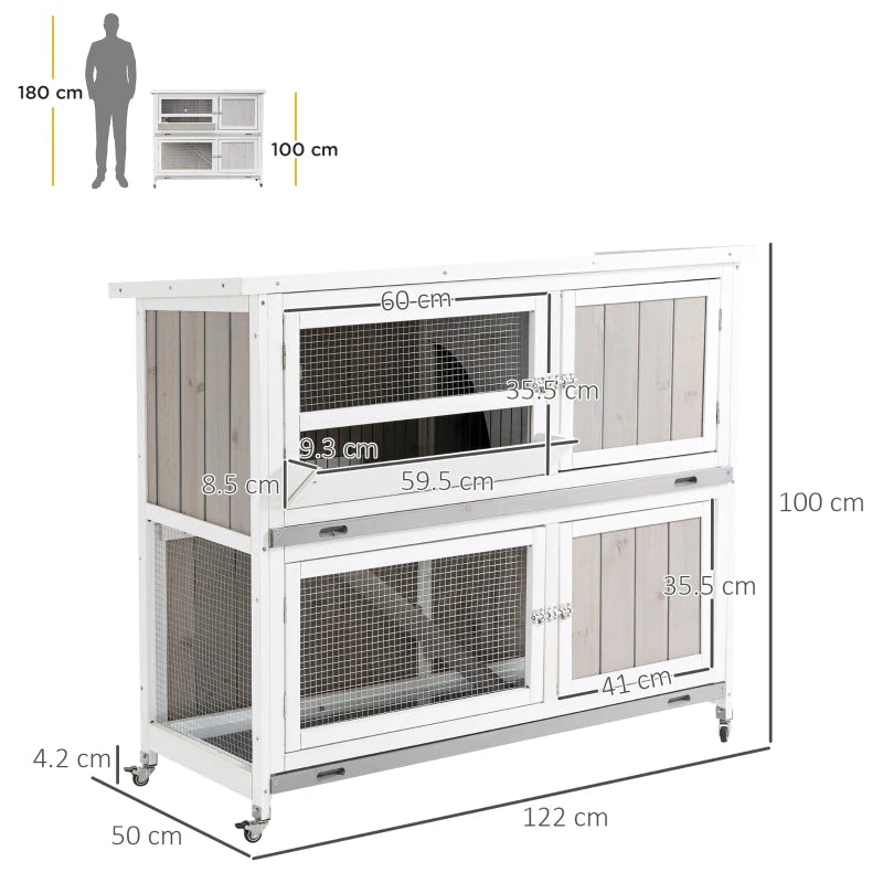 Grey Wooden Rabbit Hutch with Rain Cover and Wheels, 122x50x100cm