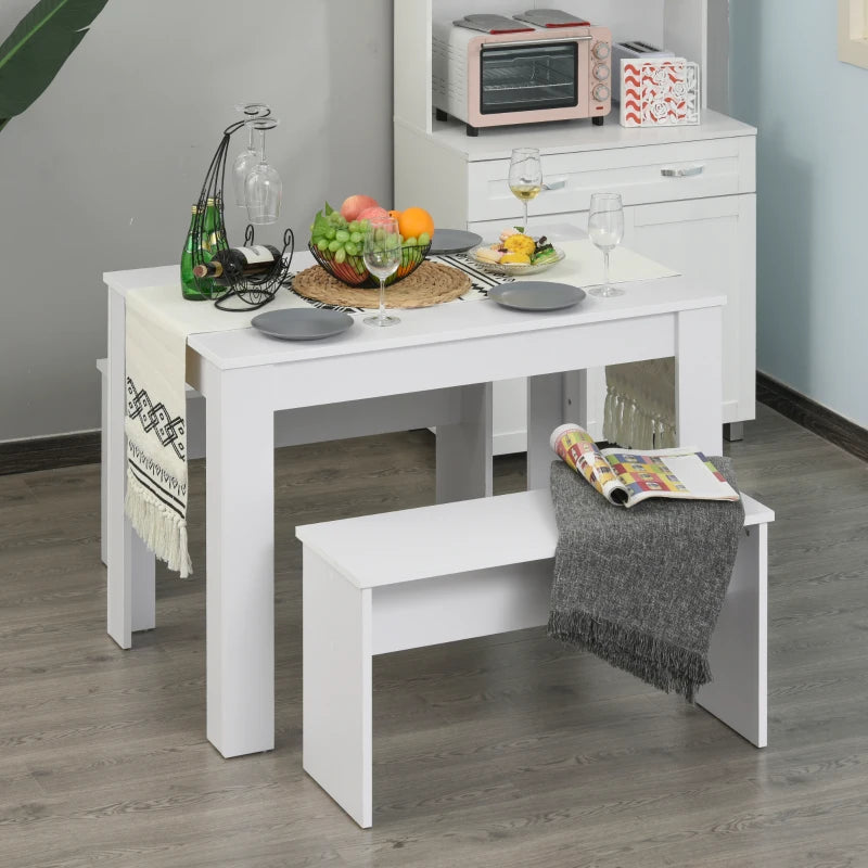 White 3-Piece Dining Set with Table and Benches for Compact Spaces