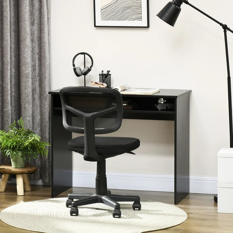 Black Wood Grain Small Home Office Desk with Storage Shelf, 90 x 50cm