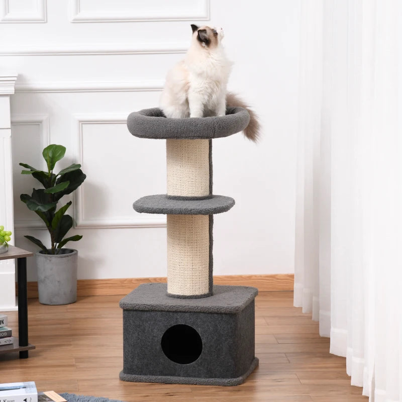 Grey Cat Tree Tower with Scratching Post and Condo