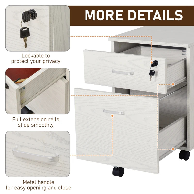 White Wood Grain 2-Drawer Locking Filing Cabinet with Wheels