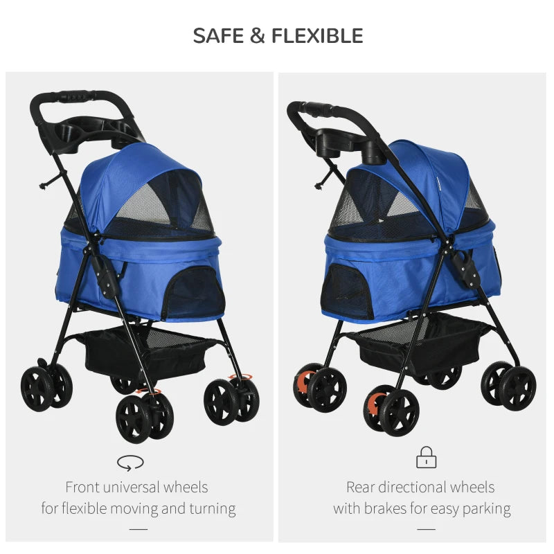 Blue Pet Stroller with Canopy and Storage - Foldable Dog Cat Pushchair