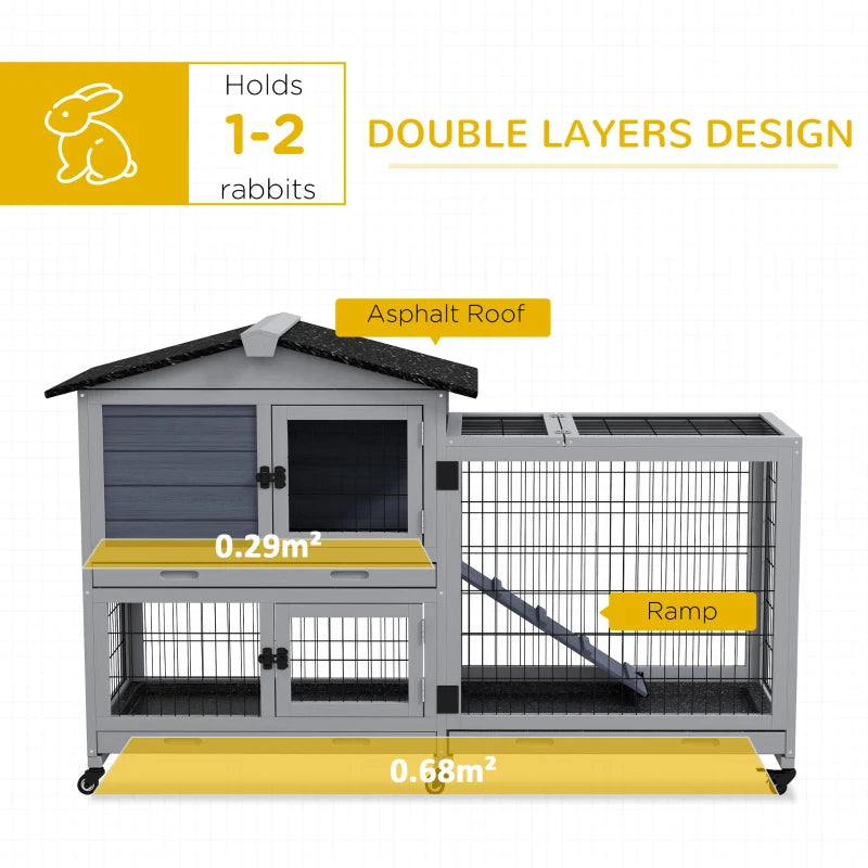 Grey Portable Rabbit Cage with Run, Wheels, Ramp - Indoor/Outdoor