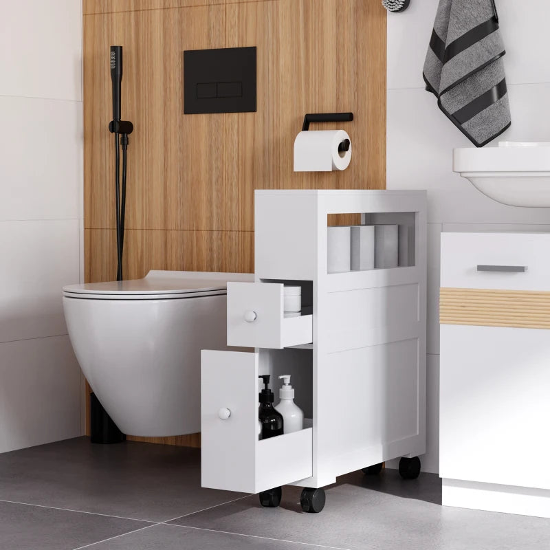 White Slim Bathroom Storage Cart with 2 Drawers & Wheels