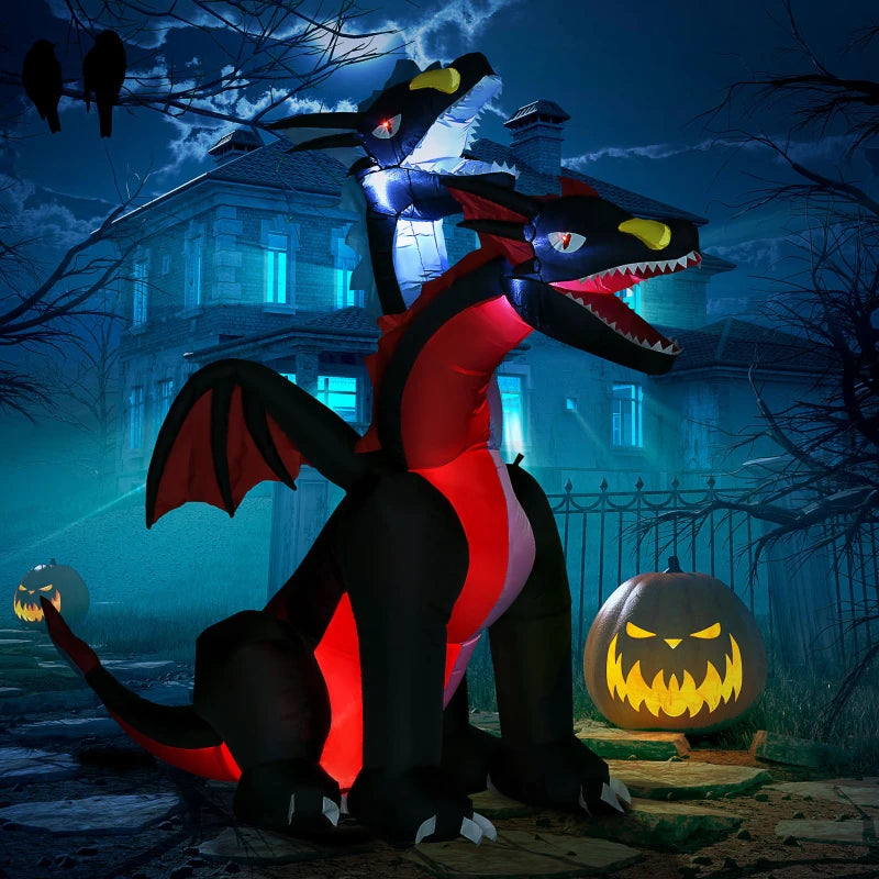 7FT Tall Dual-Headed Black Halloween Inflatable Dragon with LED Lights