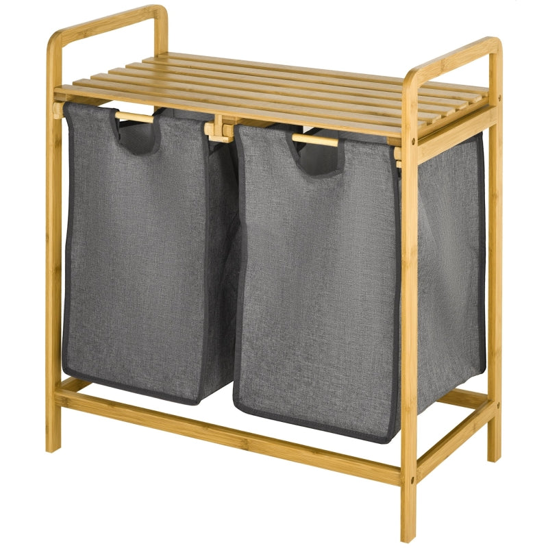 Grey Bamboo Laundry Hamper with Pull-out Bags, Shelf - 64 x 33 x 73 cm