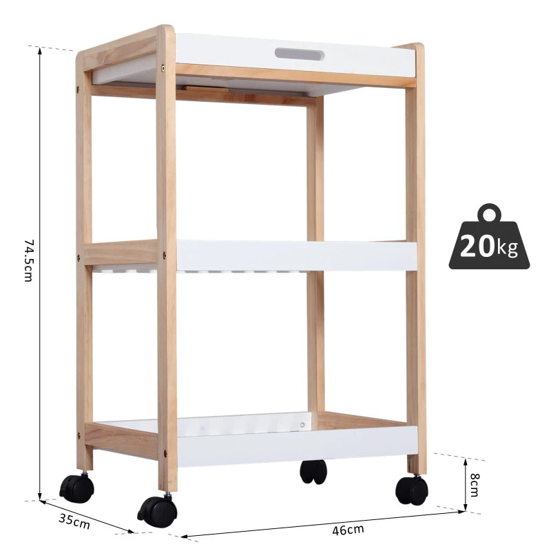 White 3-Tier Mobile Kitchen Trolley Cart with Rolling Wheels - 46 x 35 x 74.5 cm