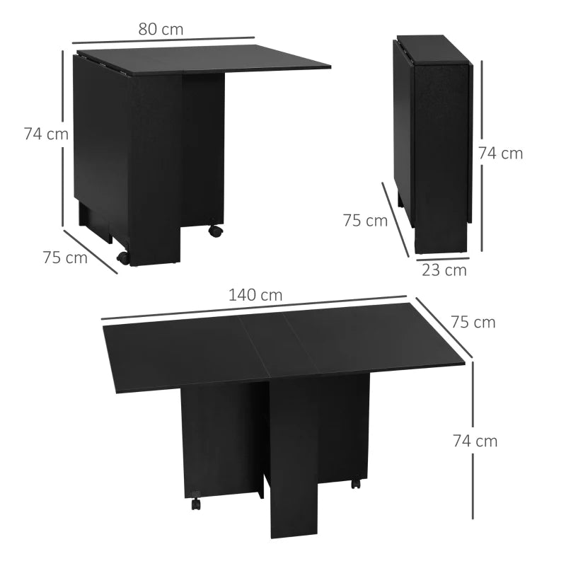 Foldable Extendable Dining Table with Shelves and Casters - Black