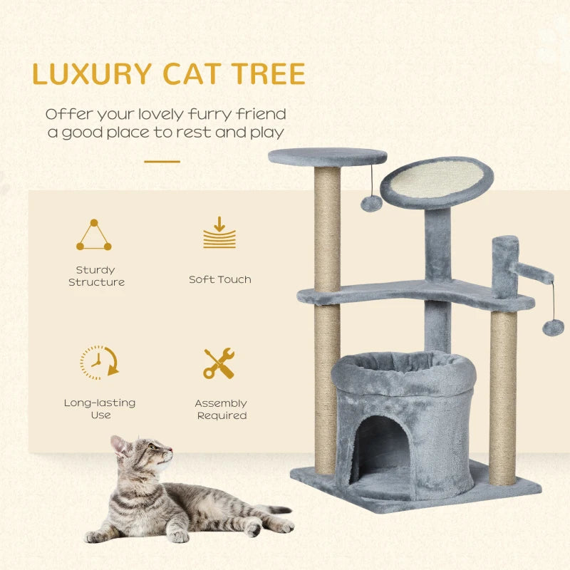 Grey Cat Tree Tower with Scratching Posts and Plush Perches