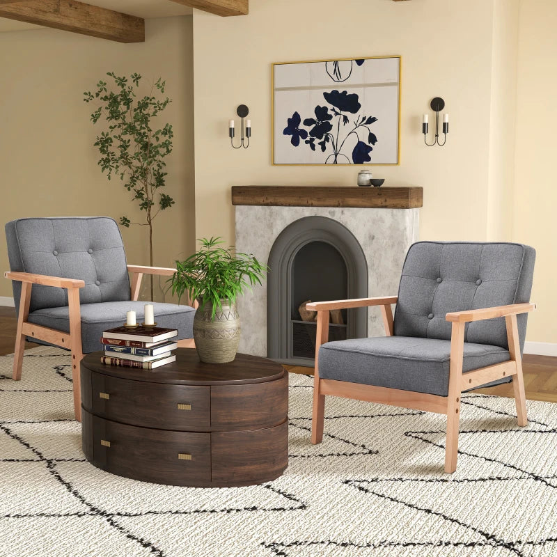 Grey Linen Accent Armchairs, Set of 2 - Beech Wood Frame, Living Room, Bedroom