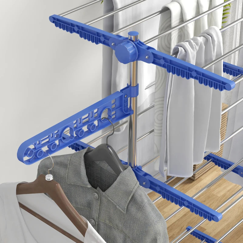 Blue 4-Shelf Folding Clothes Drying Rack with Side Arms and Wheels