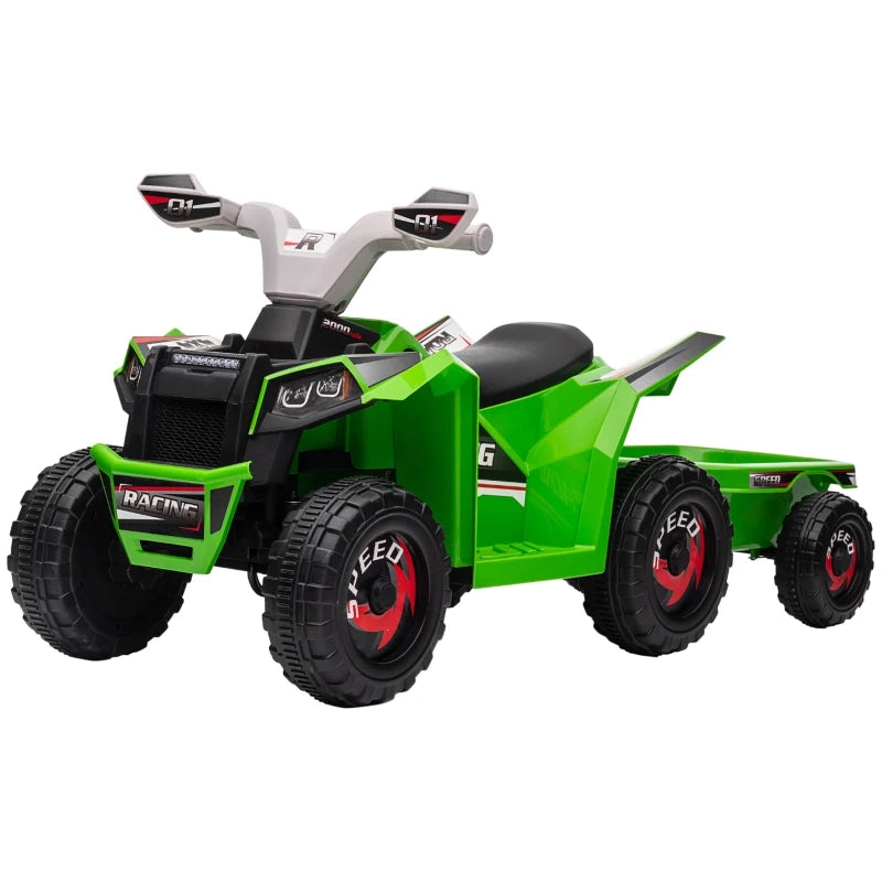 Green 6V Quad Bike with Back Trailer for Toddlers, Wear-Resistant Wheels