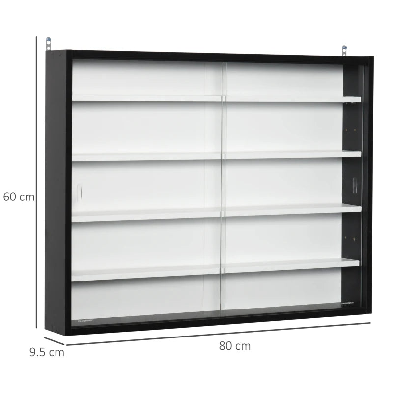 5-Tier Glass Door Wall Display Shelf - Adjustable Shelves, 60x80cm, Black/White