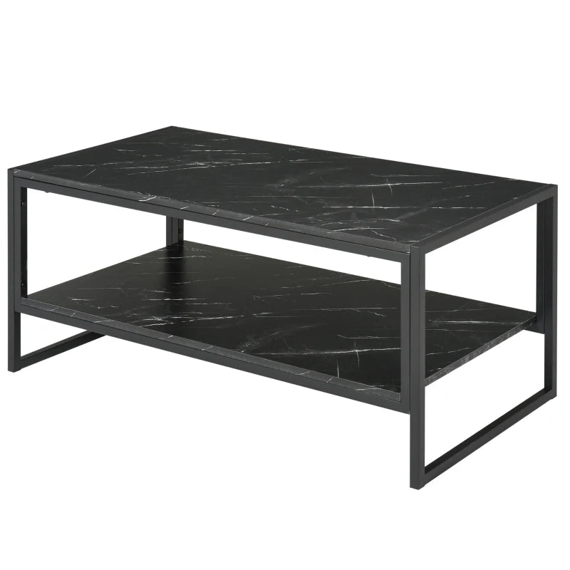 Marble Print Two-Tier Coffee Table - Modern Style, Metal Frame, 2 Shelves (White)