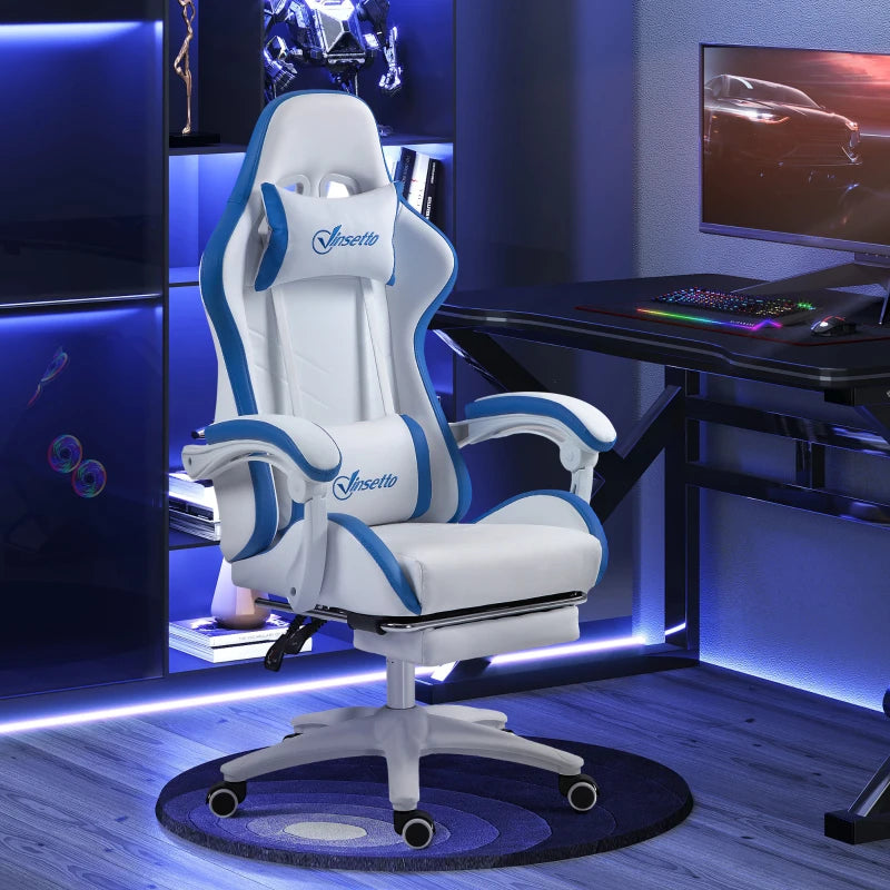 White and Blue Racing Gaming Chair with Footrest and Swivel Seat