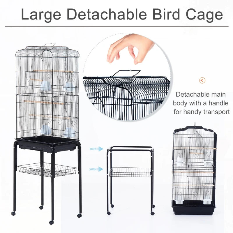 Black Metal Bird Cage with Removable Wheels Stand - 153cm