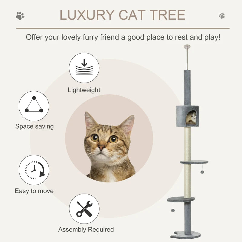 Cat Tree Condo with Scratching Post and Hanging Balls, Light Grey