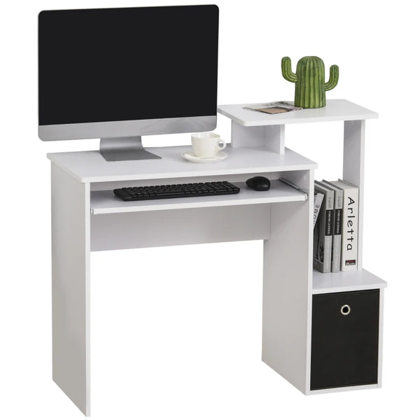 White Computer Desk with Sliding Keyboard Tray & Storage Drawer
