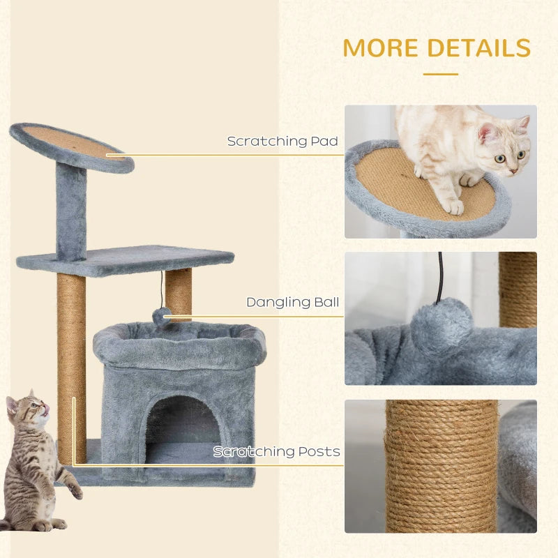 Grey Cat Tree Tower with Scratching Post and Interactive Toy - 48 x 48 x 84cm