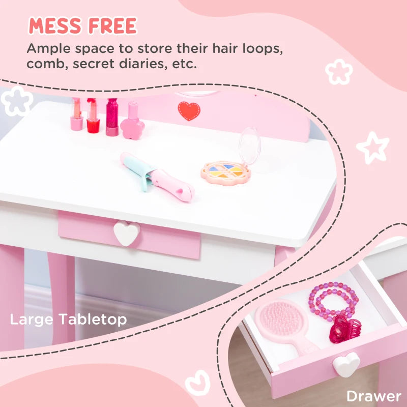 Kids Pink Dressing Table Set with Mirror, Stool, Drawer - Cute Patterns, Ages 3-6