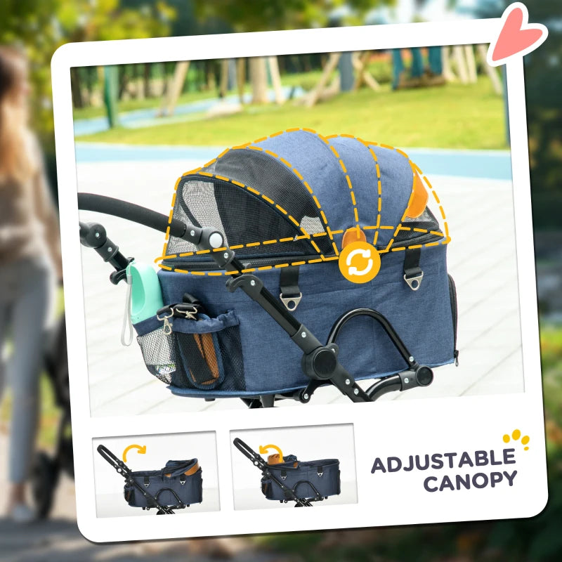 Blue Pet Stroller with Canopy and Storage Basket