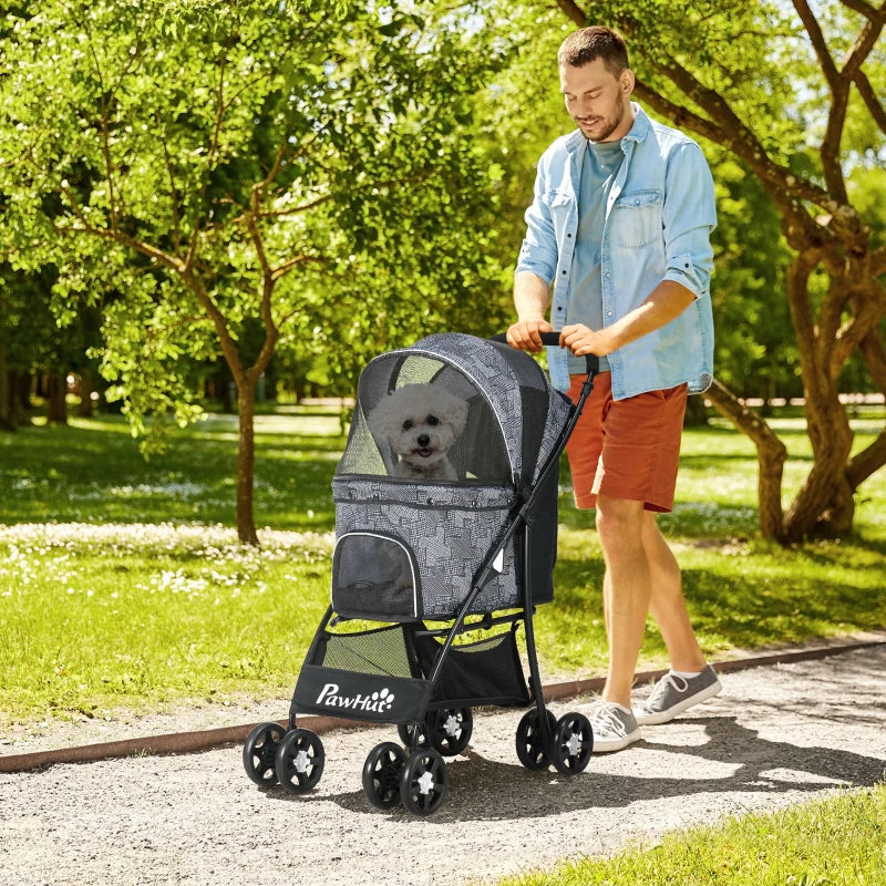 Grey Pet Stroller with Large Carriage and Storage Bag