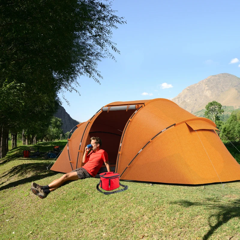 6-Person Orange Camping Tunnel Tent with Two Bedrooms and UV Protection