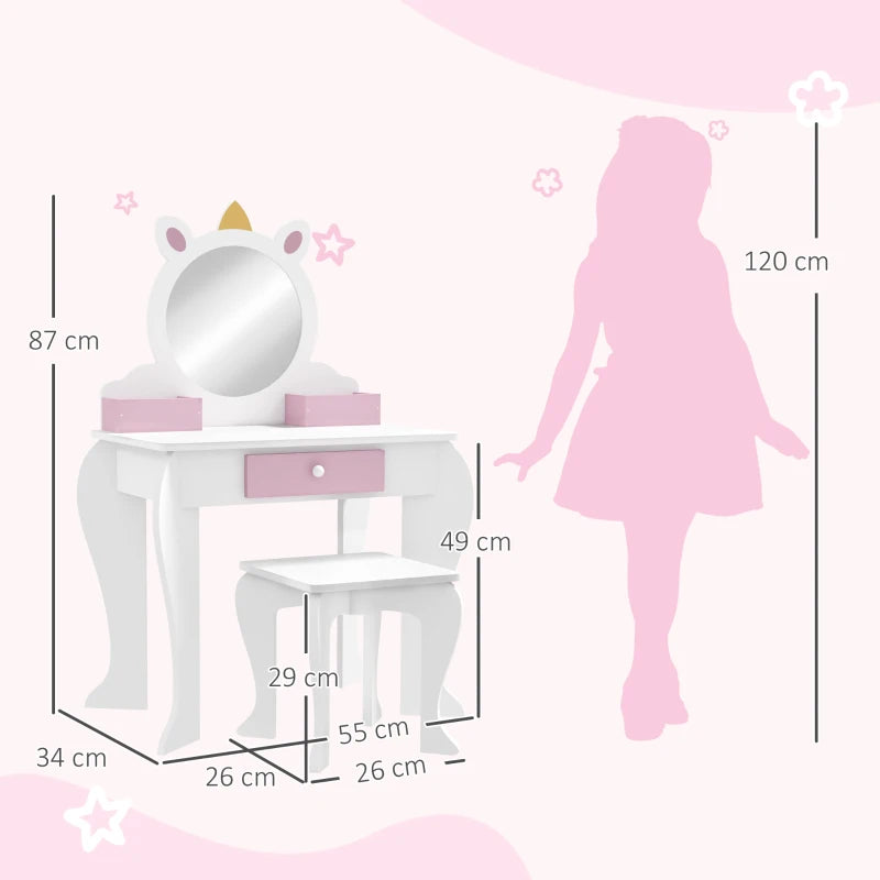 White Unicorn Kids Dressing Table Set with Mirror and Stool