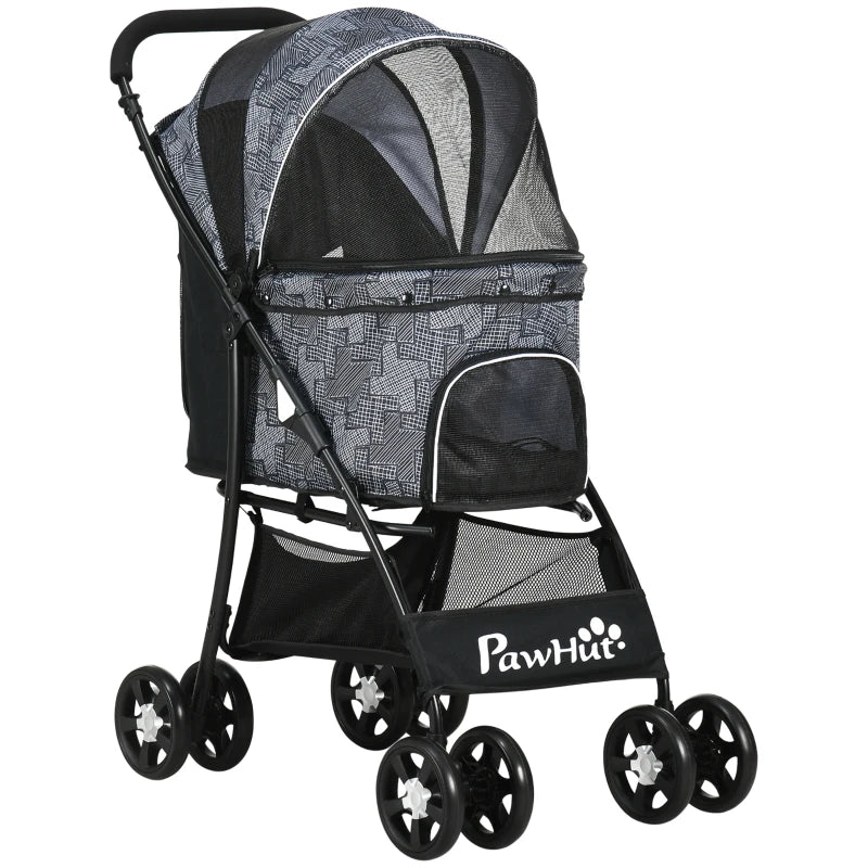 Grey Pet Stroller with Large Carriage and Storage Bag