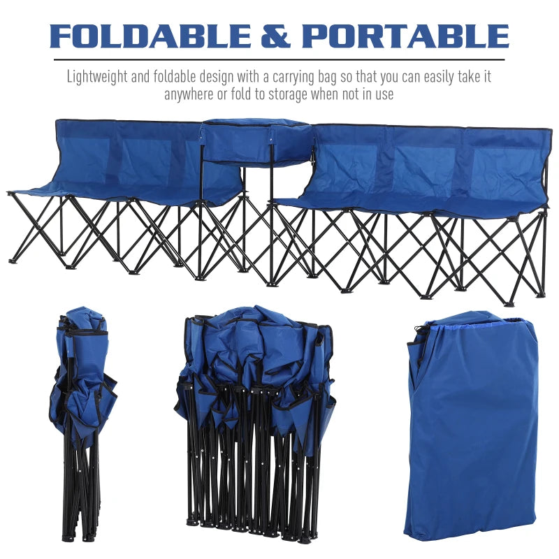 Blue 6-Seater Folding Steel Camping Bench with Cooler Bag