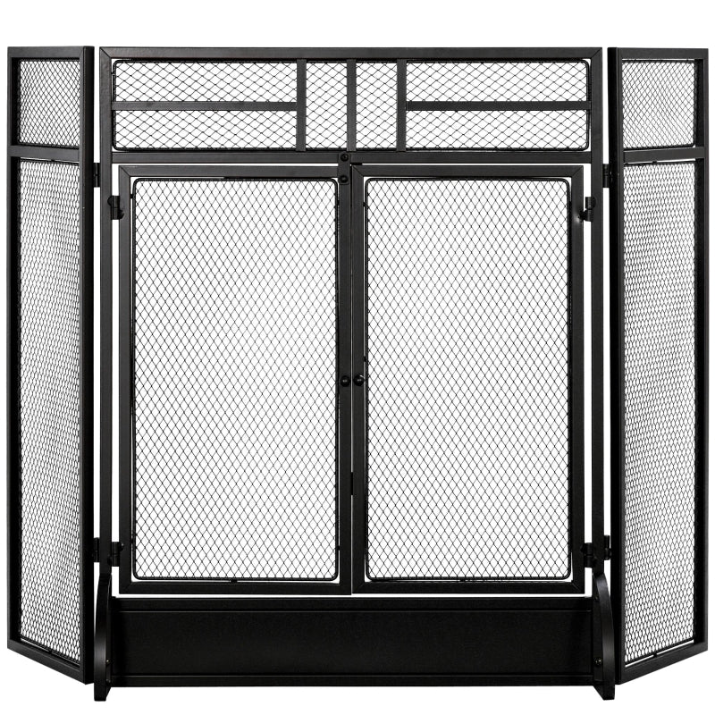 Black 3-Panel Freestanding Fireplace Screen with Door