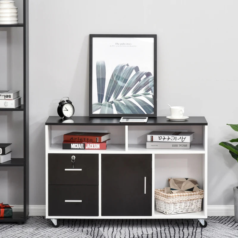Black Mobile File Cabinet with Lockable Drawer and Open Shelves