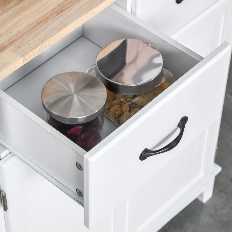 White Kitchen Storage Cabinet with Glass Doors and Drawers