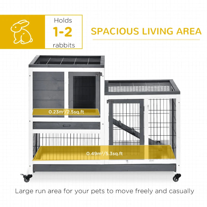 Grey Wooden Indoor Small Animal Hutch with Wheels and Enclosed Run