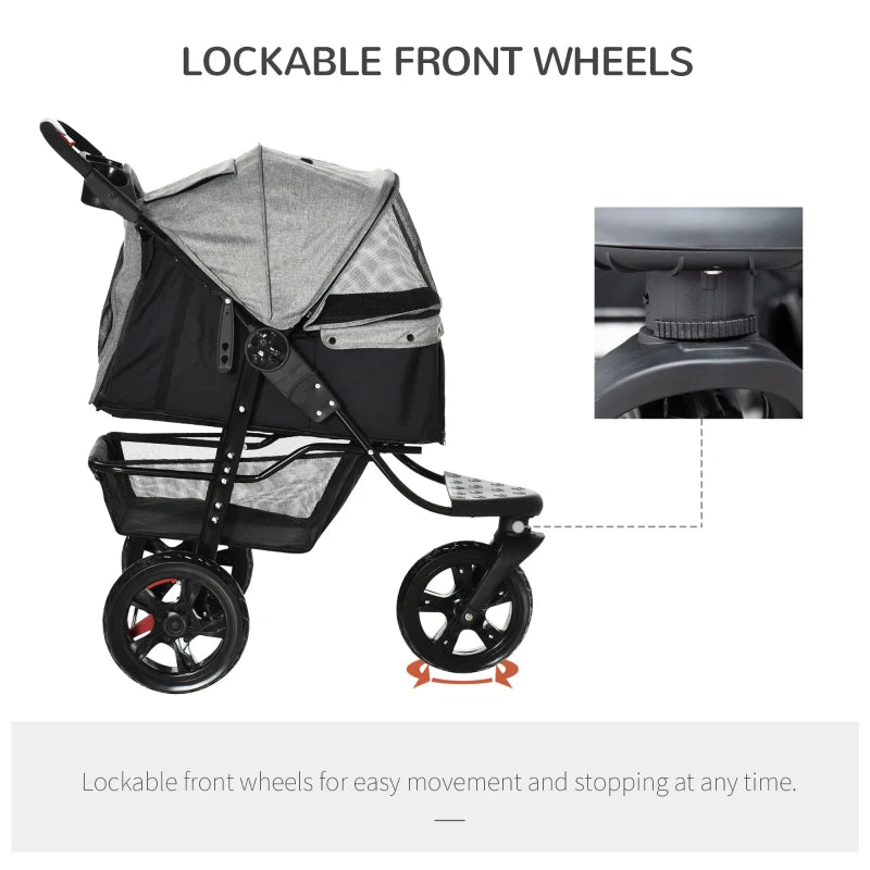 Grey Pet Stroller with Canopy & Storage for Small Pets