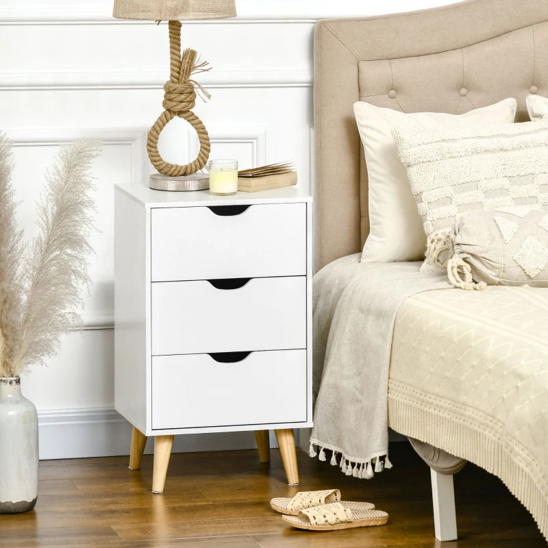 White 3-Drawer Bedside Cabinet with Wood Legs