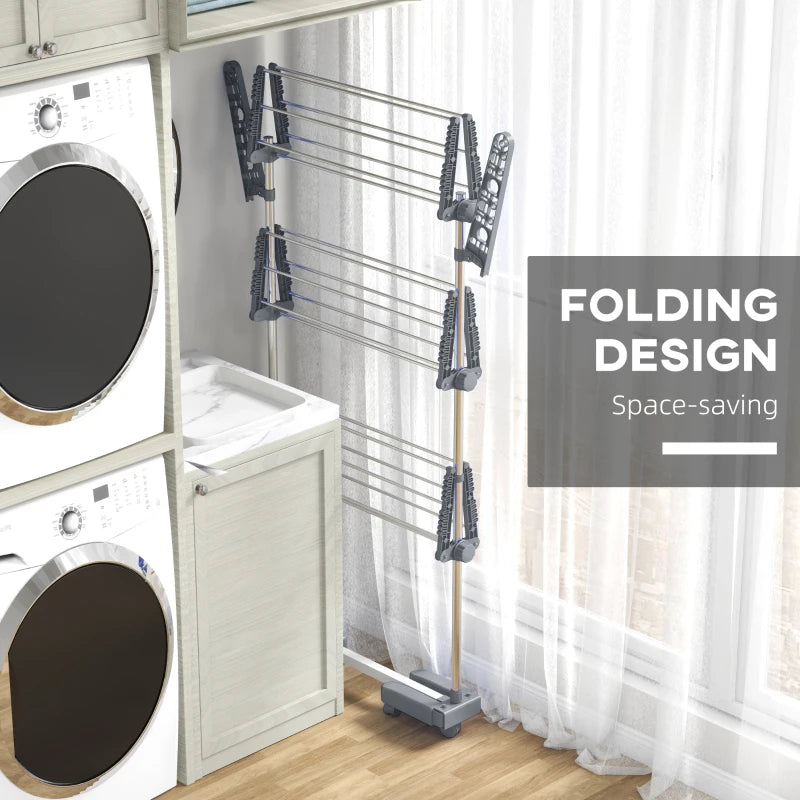 Grey 3-Tier Folding Clothes Drying Rack with Side Arms and Wheels