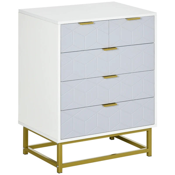 5-Drawer Modern White Chest of Drawers with Golden Steel Base