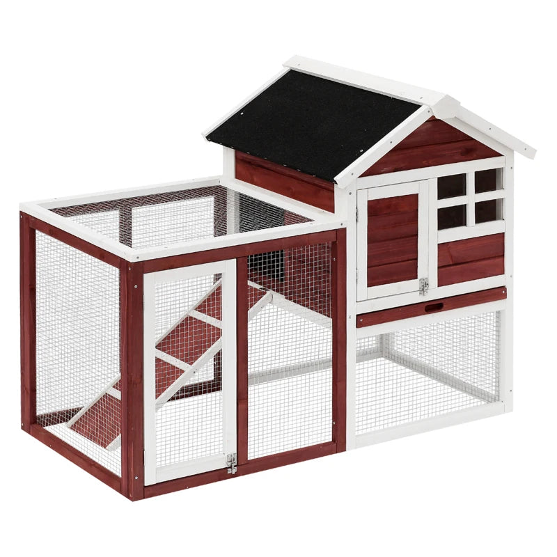 Brown 2-Tier Wooden Rabbit Hutch with Run and Sliding Tray, 122 x 62.6 x 92cm