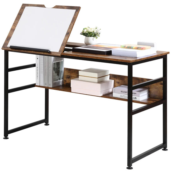Adjustable Drafting Table with Tiltable Tabletop and Storage Shelf, Rustic Brown