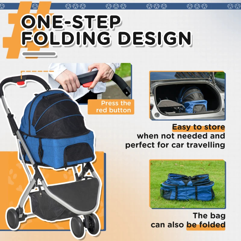 Foldable Dark Blue Pet Stroller with Canopy & Storage