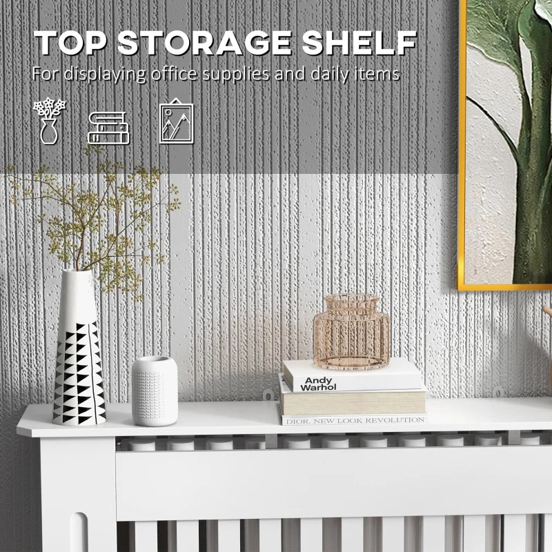 White Slatted Radiator Cover Cabinet - MDF Grill (112 x 19 x 81 cm)
