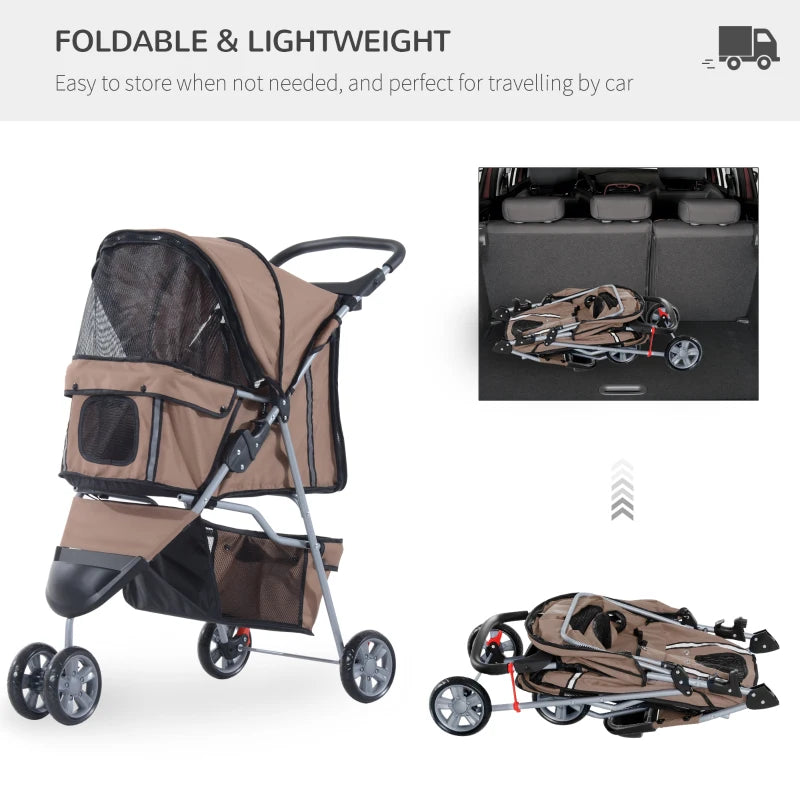 Brown Pet Stroller for Small Dogs & Cats with Cover, Cup Holder & Storage Basket