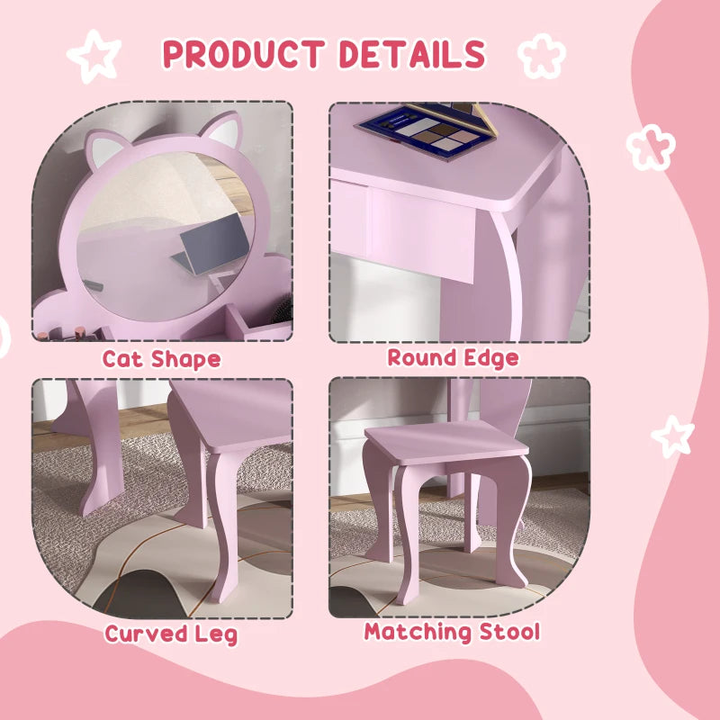 Kids Pink Cat Vanity Set with Mirror, Stool, Drawer & Storage - Ages 3-6