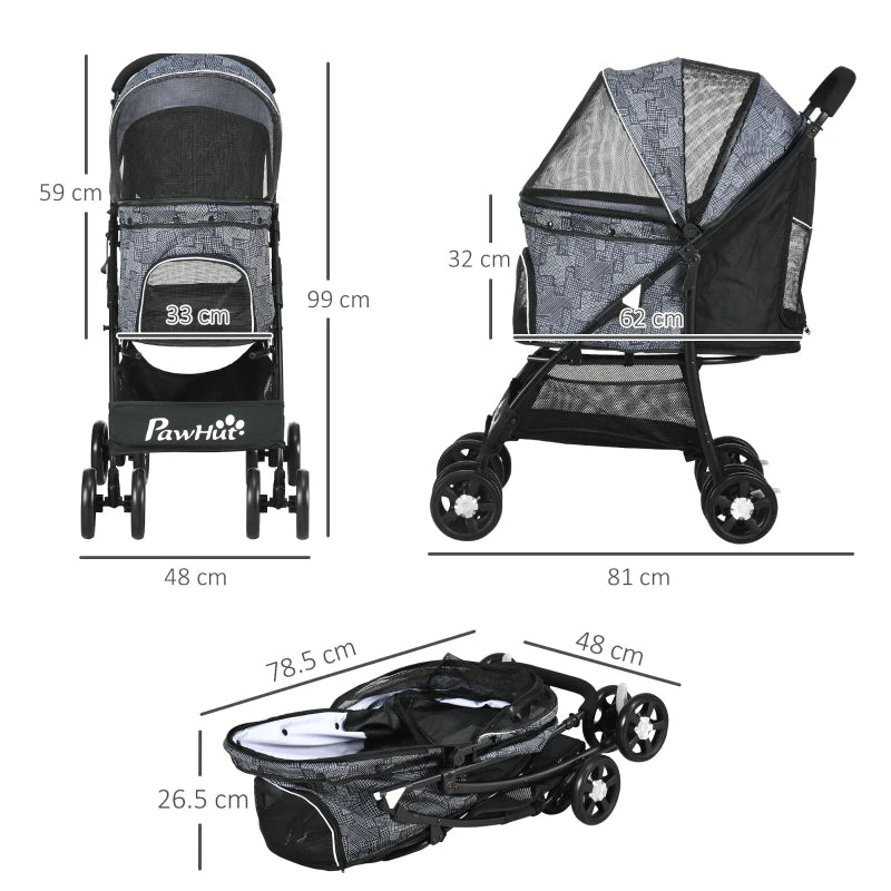 Grey Pet Stroller with Large Carriage and Storage Bag