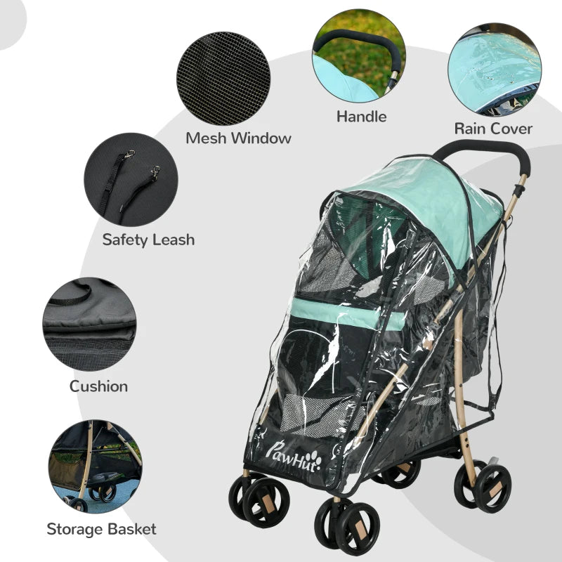 Green Pet Stroller for Small Dogs with Rain Cover