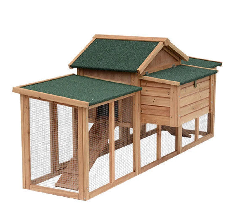 Wooden Chicken Coop with Run and Nesting Box - Large, 204 x 85 x 93cm (Brown)